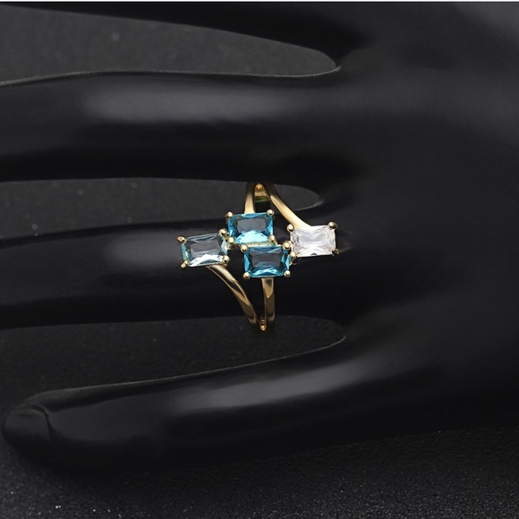 Emerald Cut Aqua CZ Gemstone Ring 18k Gold/925 SS - Picture 4 of 4